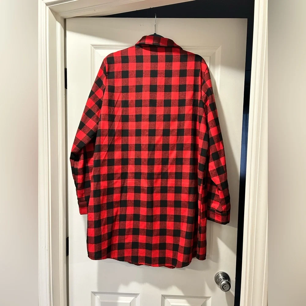 Red and Black Plaid Button-Up Boyfriend Flannel Tunic Length - Picture 6 of 16